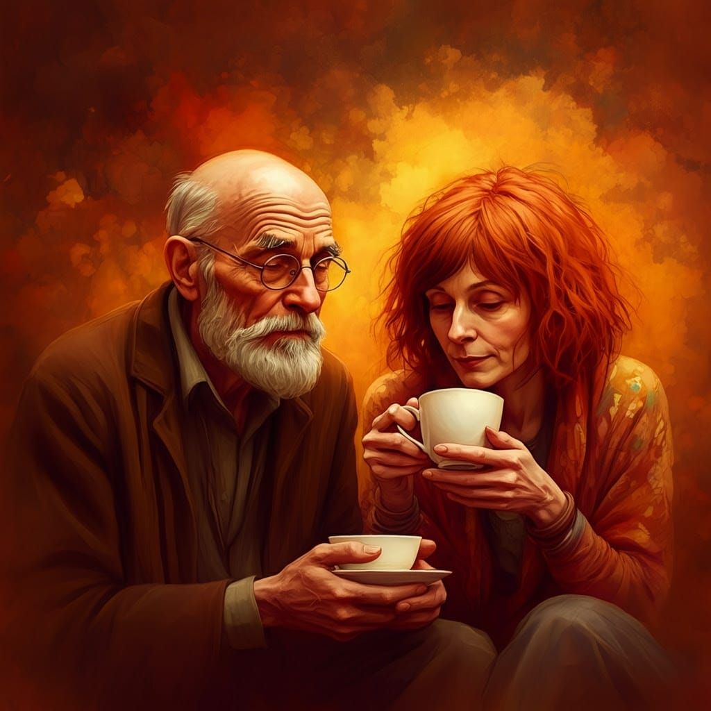 Warm Intimacy: Elderly Couple Savoring Tea Together in a Vib...