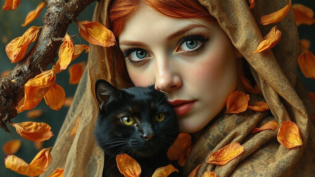 Crimson Haired Woman with Black Cat, Vibrant Oil Painting
