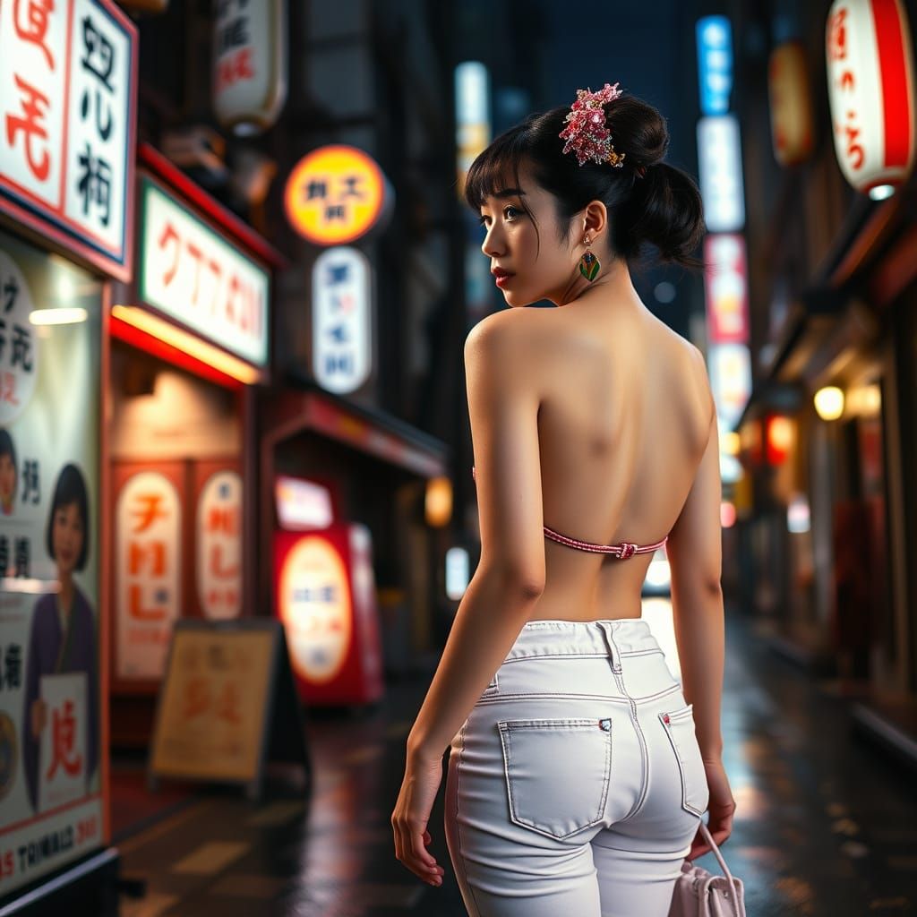 Geisha in Tokyo Street at Night