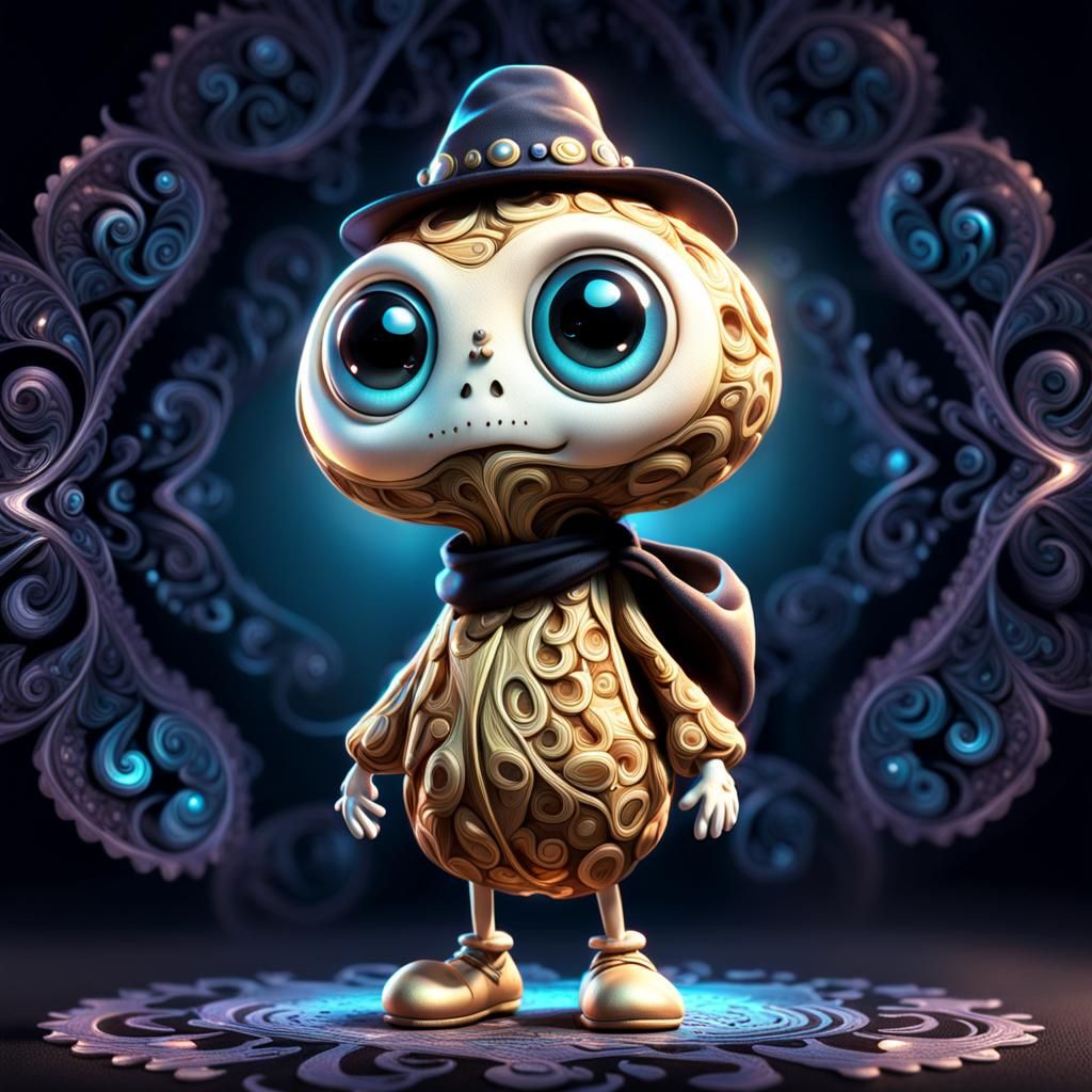 A whimsical stylized peanut character