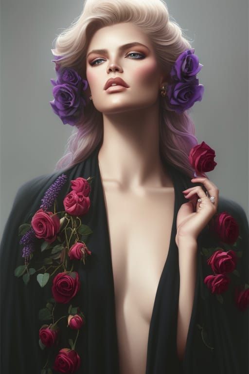 Detailed Portrait of Blonde Woman with Roses