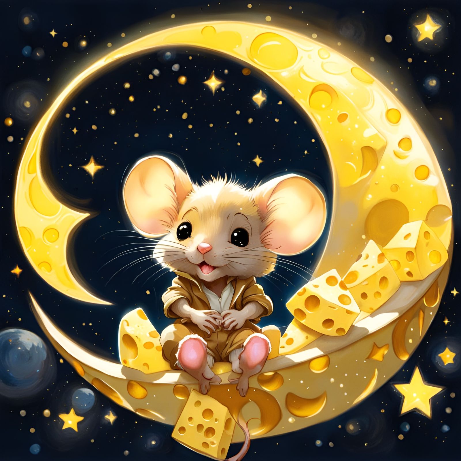 Chibi Mouse on Moon Cheese in Starry Sky