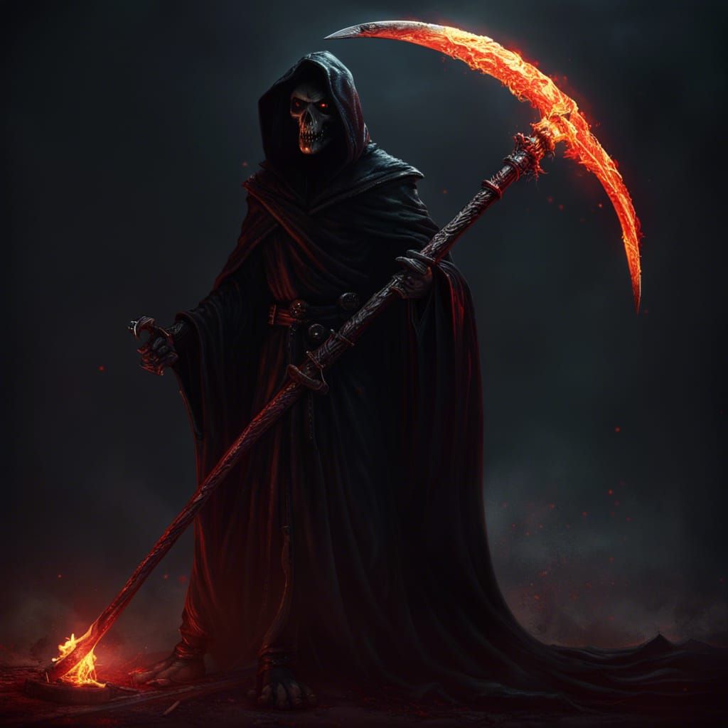 Grim Reaper with Flaming Scythe in Dark Fantasy Art