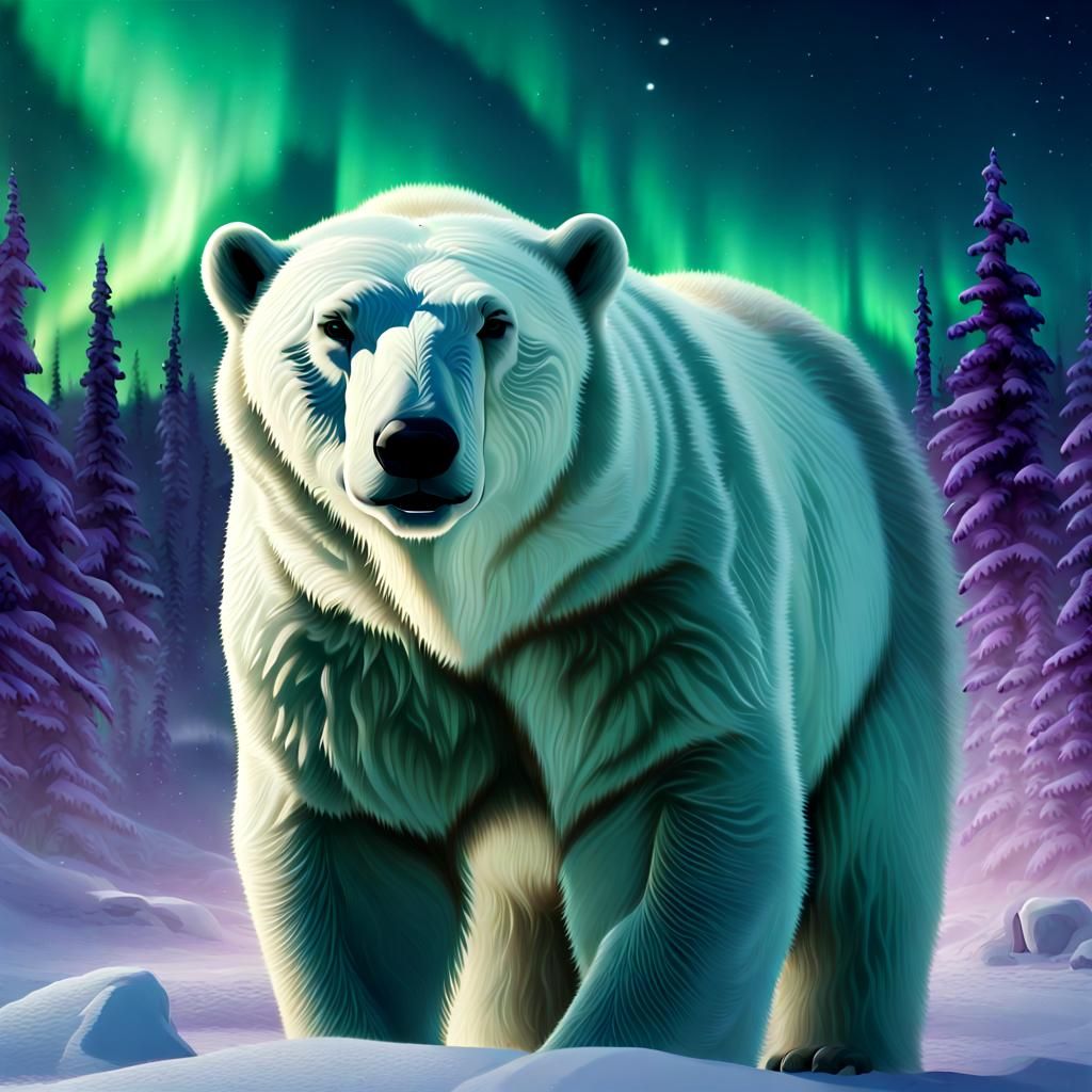 Realistic Polar Bear Under Northern Lights