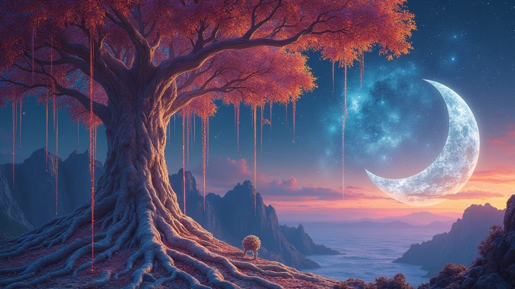 Surreal Cosmic Tree Rises from a Kaleidoscopic Sky in Liquid...