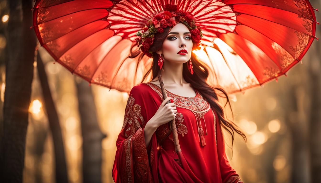 Mucha-Style Portrait in Red, Professional Photography