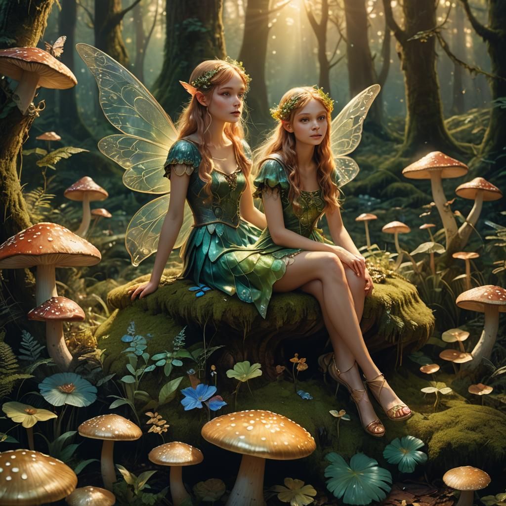 Enchanted Forest Fairy on Toadstool, Fantasy Art