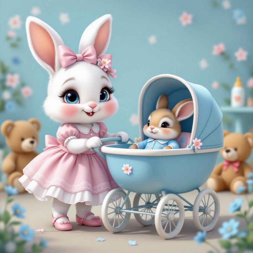 Cute Rabbit Girl Pushing Vintage Pram in Pastel Nursery