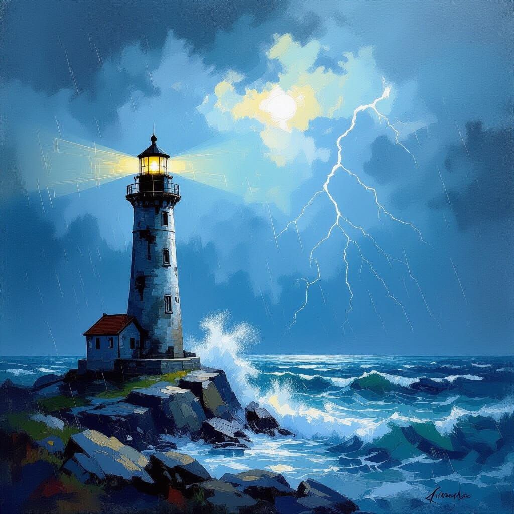 Lighthouse Beacon in Stormy Impasto Oil Painting