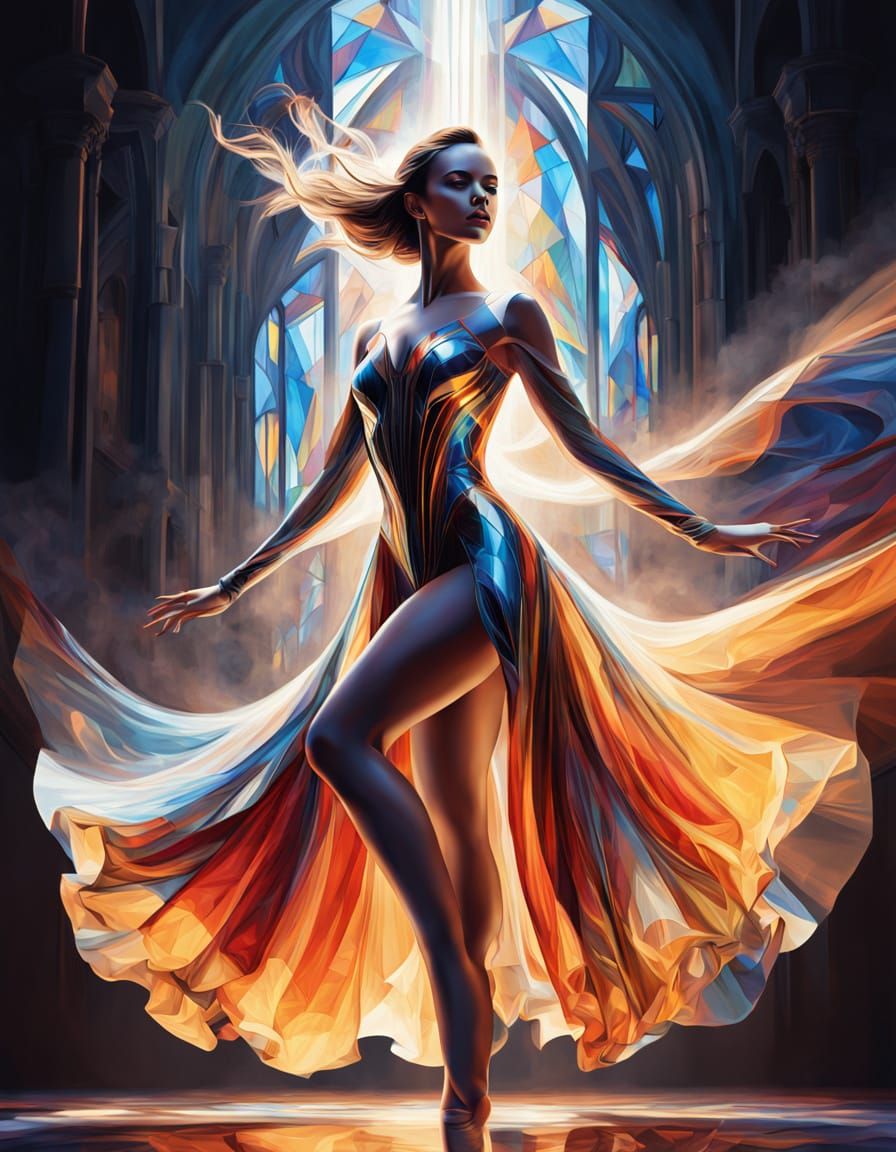 A ballerina in glass suit dress