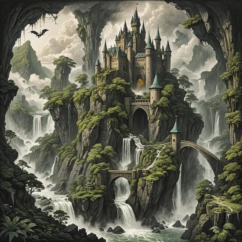 Floating Island Castle Guarded by Dragons