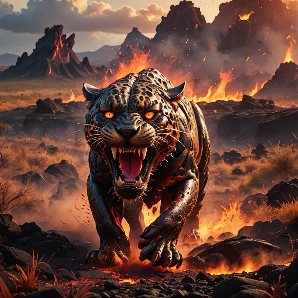 Lava Jaguar Runs Across Savanna, Molten Concept Art