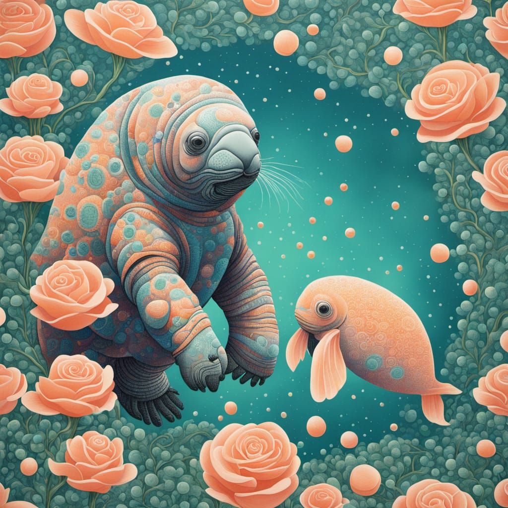 Soft Peach Manatee in Abstract Surrealist Painting