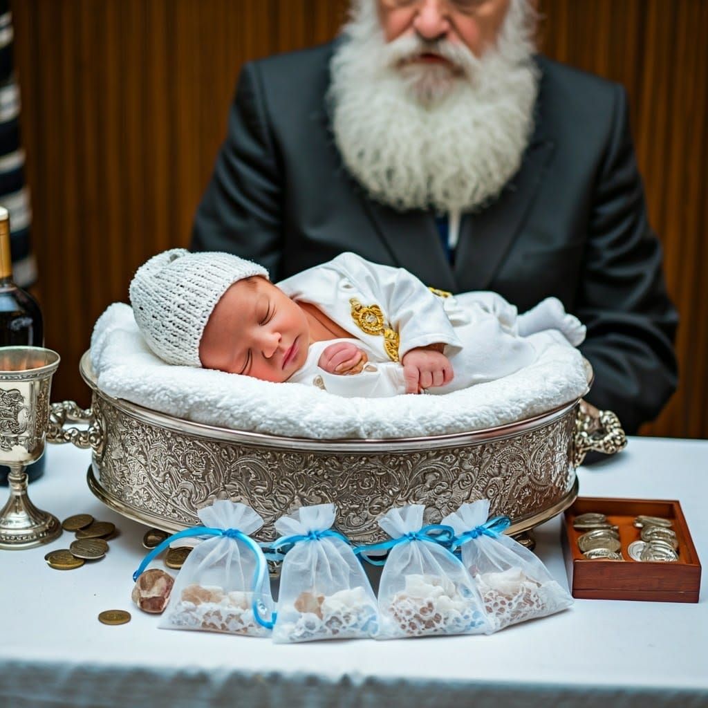 Baby Boy in Regal White Attire, Surrounded by Symbols of Tra...
