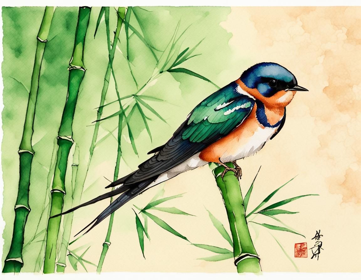 Barn Swallow on Bamboo in Japanese Watercolour Style