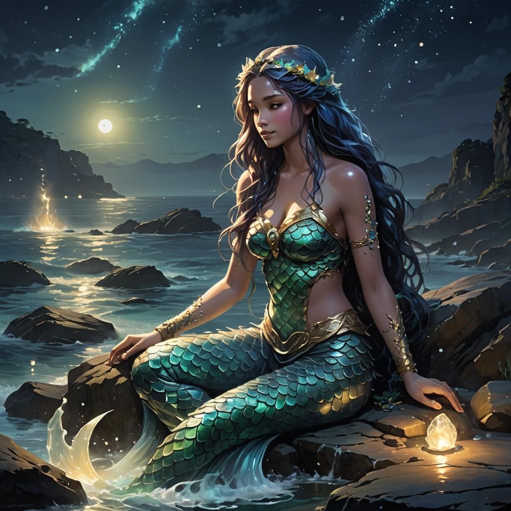 Cyber Mermaid on a Stone, Digital Art