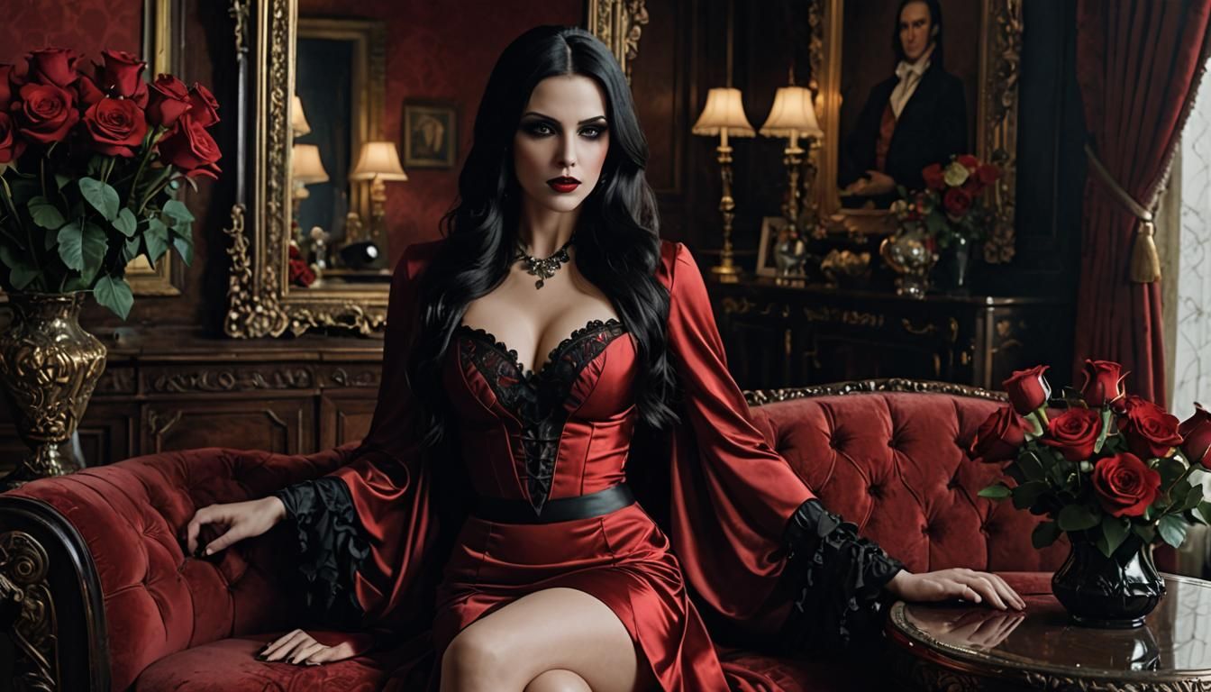 Tempting Vampiress with Red Roses: Photorealistic Gothic Sty...