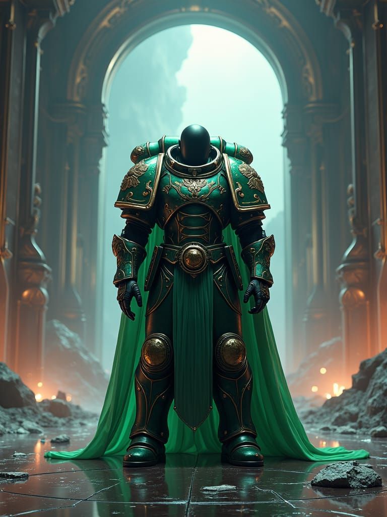 Dark Marine in Jade Armor in a Shattered Chamber