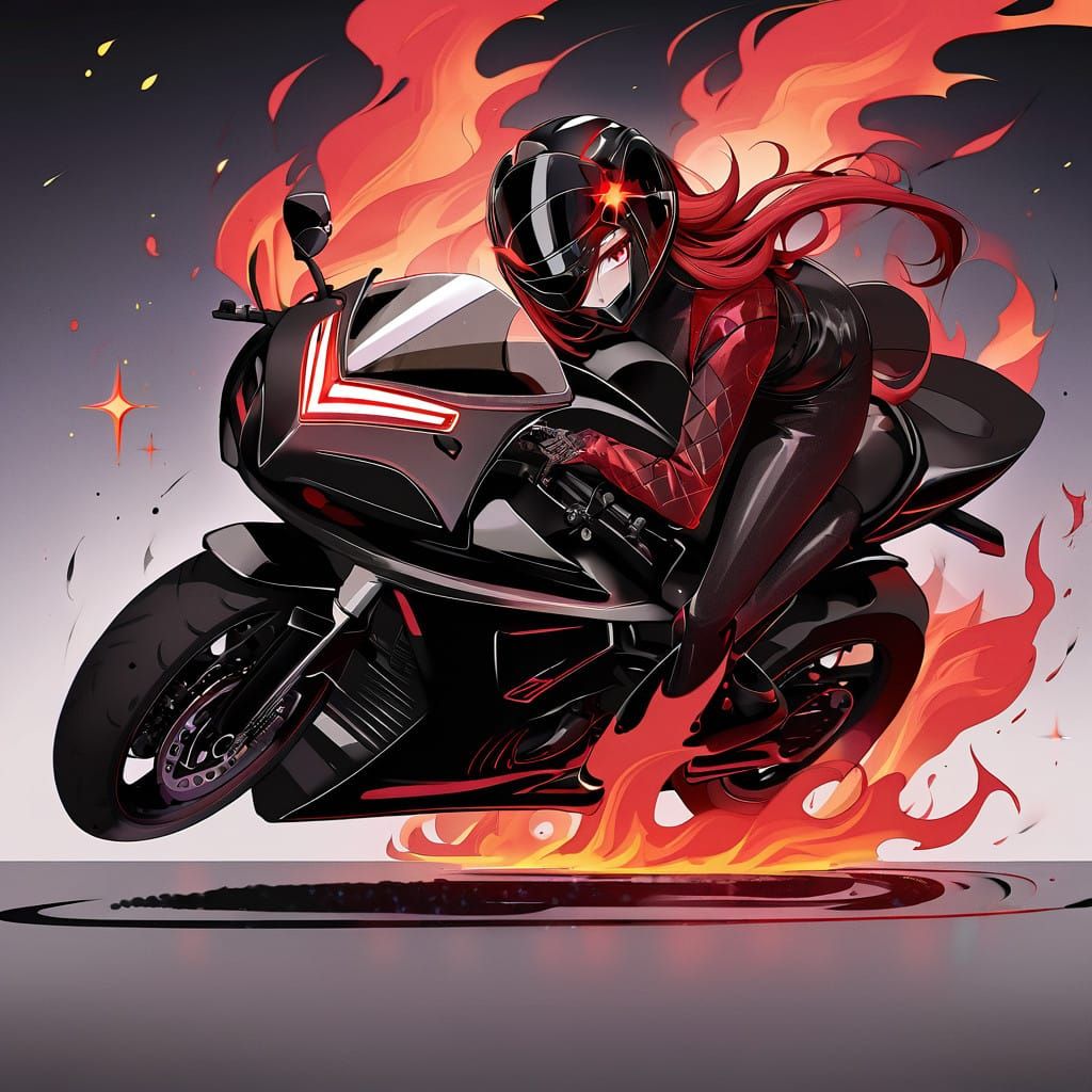 Elegant Anime Girl Rides Fiery Motorcycle in High-Quality An...