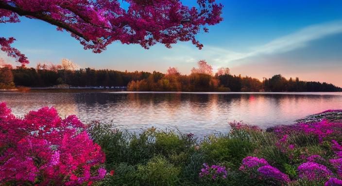 Magical Castle Reflecting in Lake at Sunset