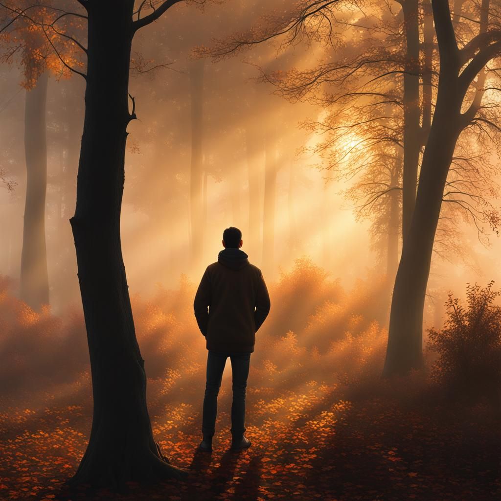 Misty Autumn Landscape with Silhouette in Digital Art