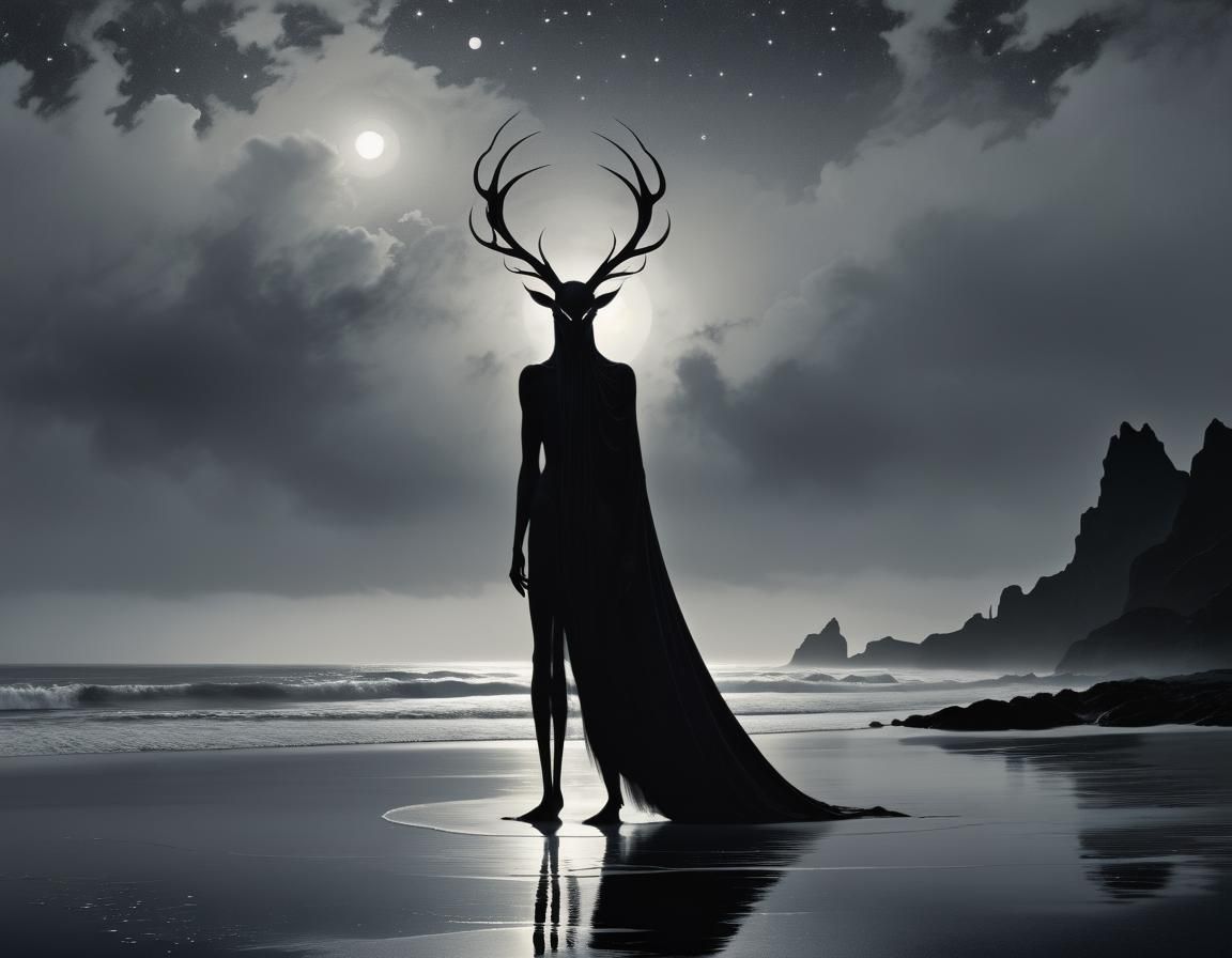Ominous Figure on Misty Beach in Dark Art Style