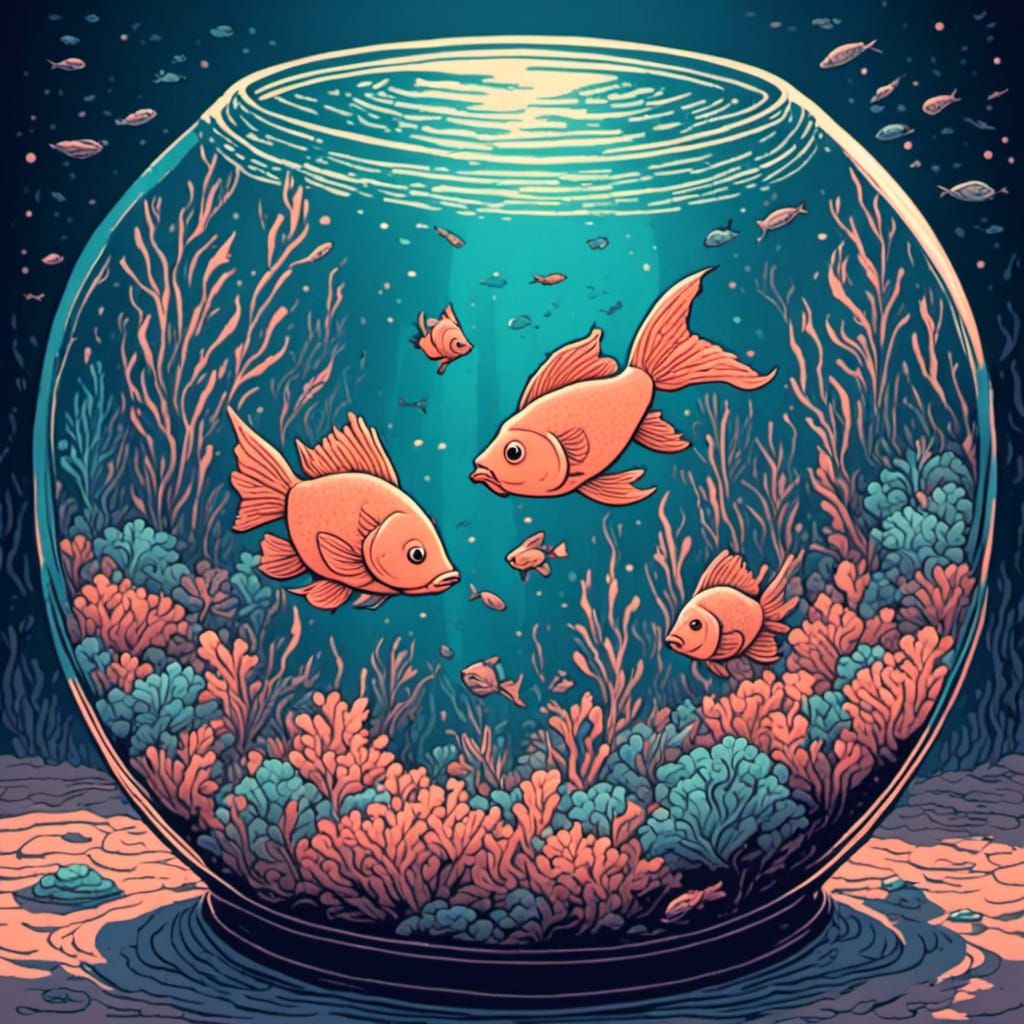 Fish Swimming in a Fishbowl Linocut Print