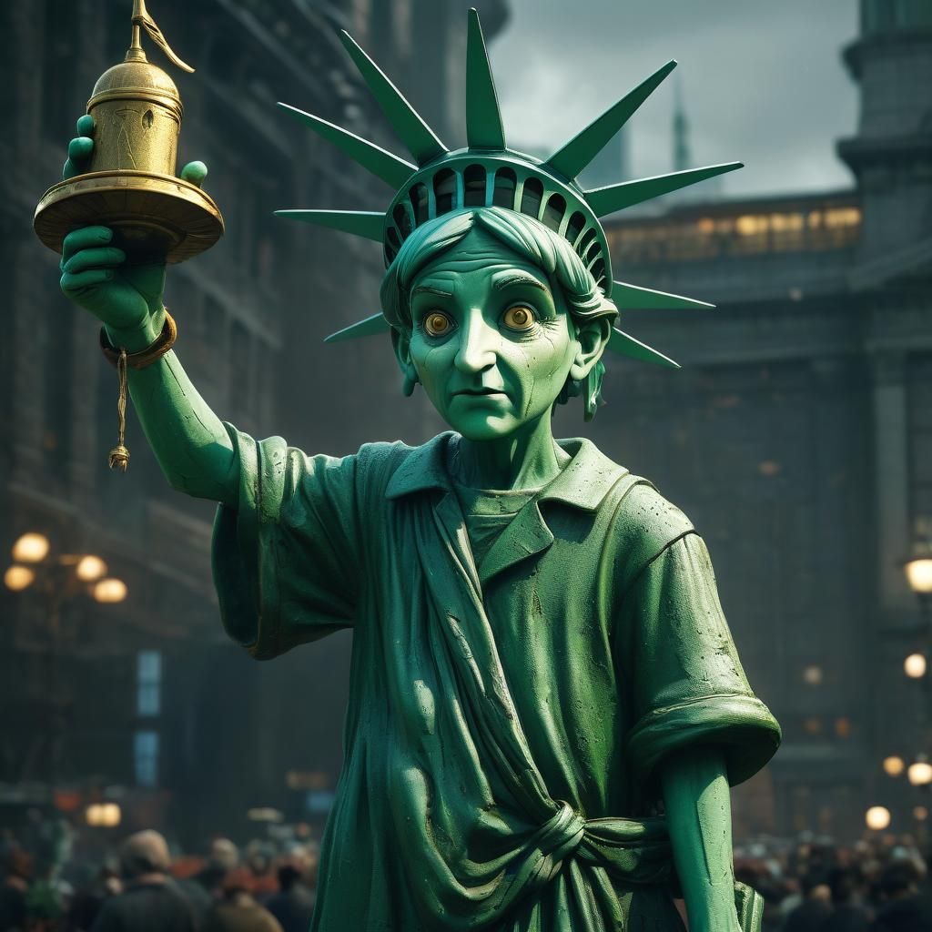 Green Pinocchio Statue of Liberty, Detailed Digital Art