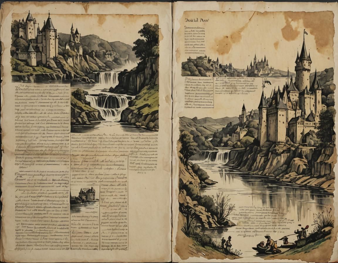 Castle Scene with River in Vintage Parchment Style
