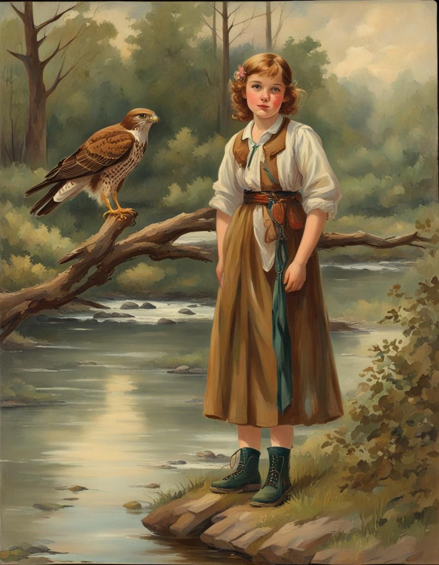 Girl and Hawk by River in Woods, Vintage Illustration