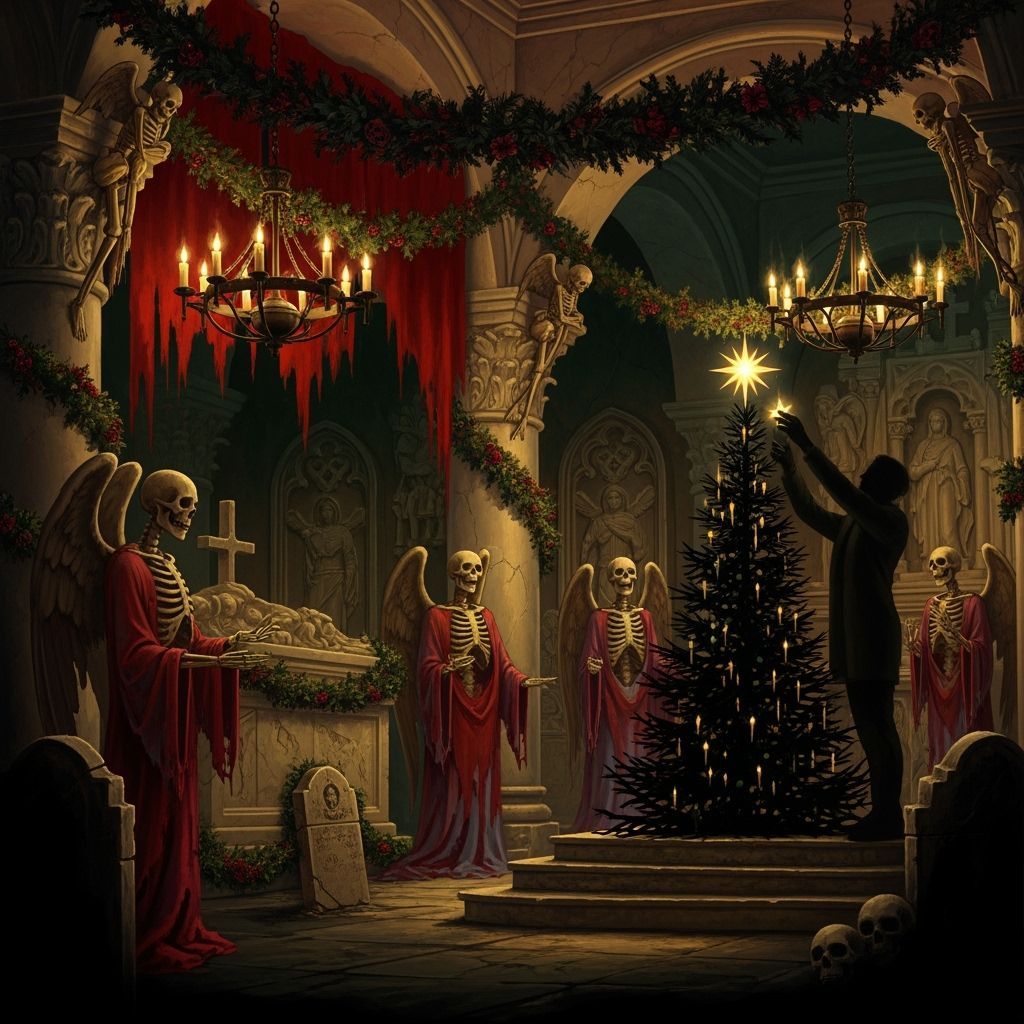 Gothic Crypt with Skeletal Angels and Shadowy Figure in Baro...