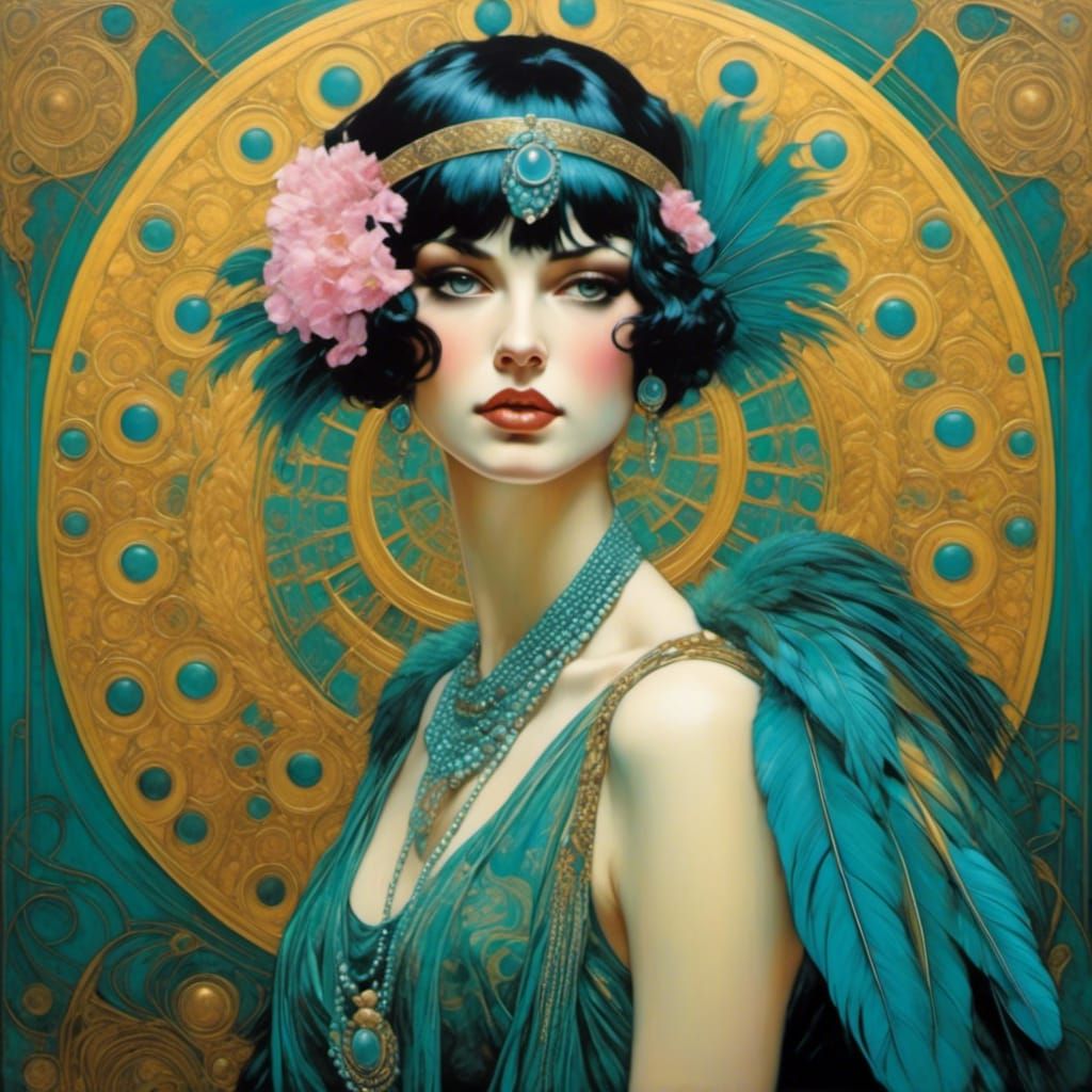 Feathered Flapper Girl in Art Nouveau Style