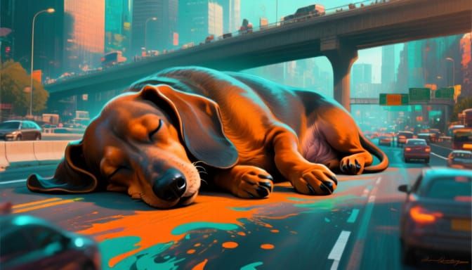 Giant Dachshund Sleeps on Busy Highway Concept Art