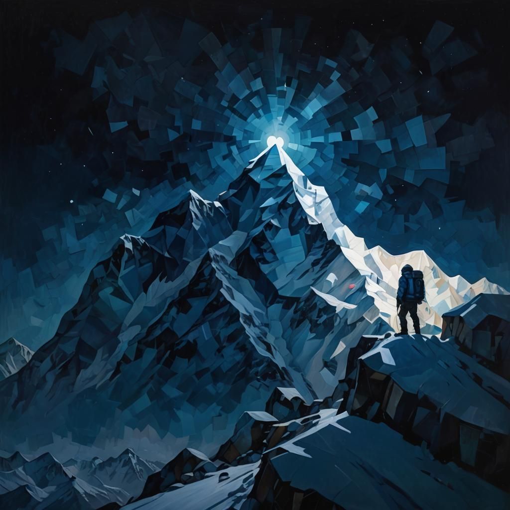 Moonlit Everest in Cubist Geometric Fauvism Style