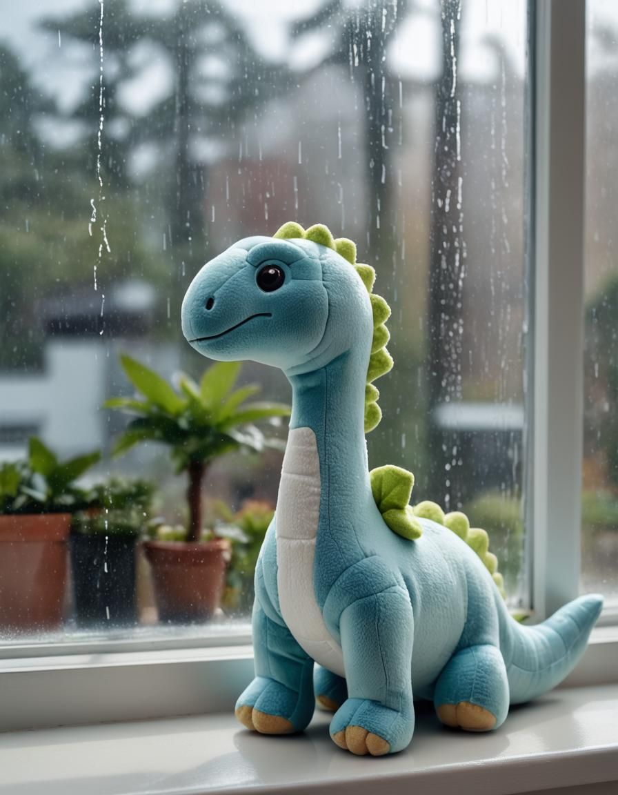 Sad Blue Apatosaurus Plushie Looks at Rain