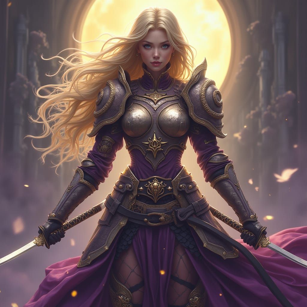 Blonde Valkyrie Warrior with Katanas in Dark Fantasy Art