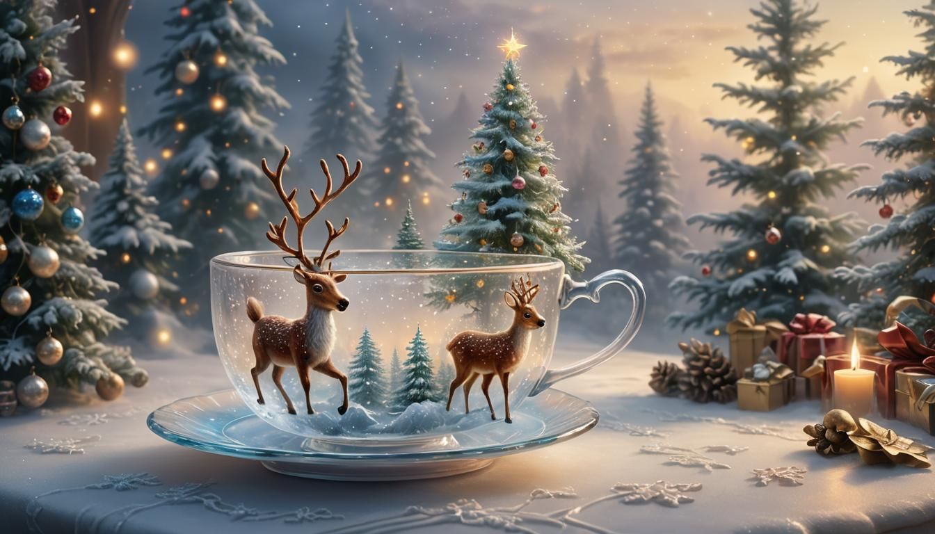 Reindeer in Teacup with Christmas Tree Background
