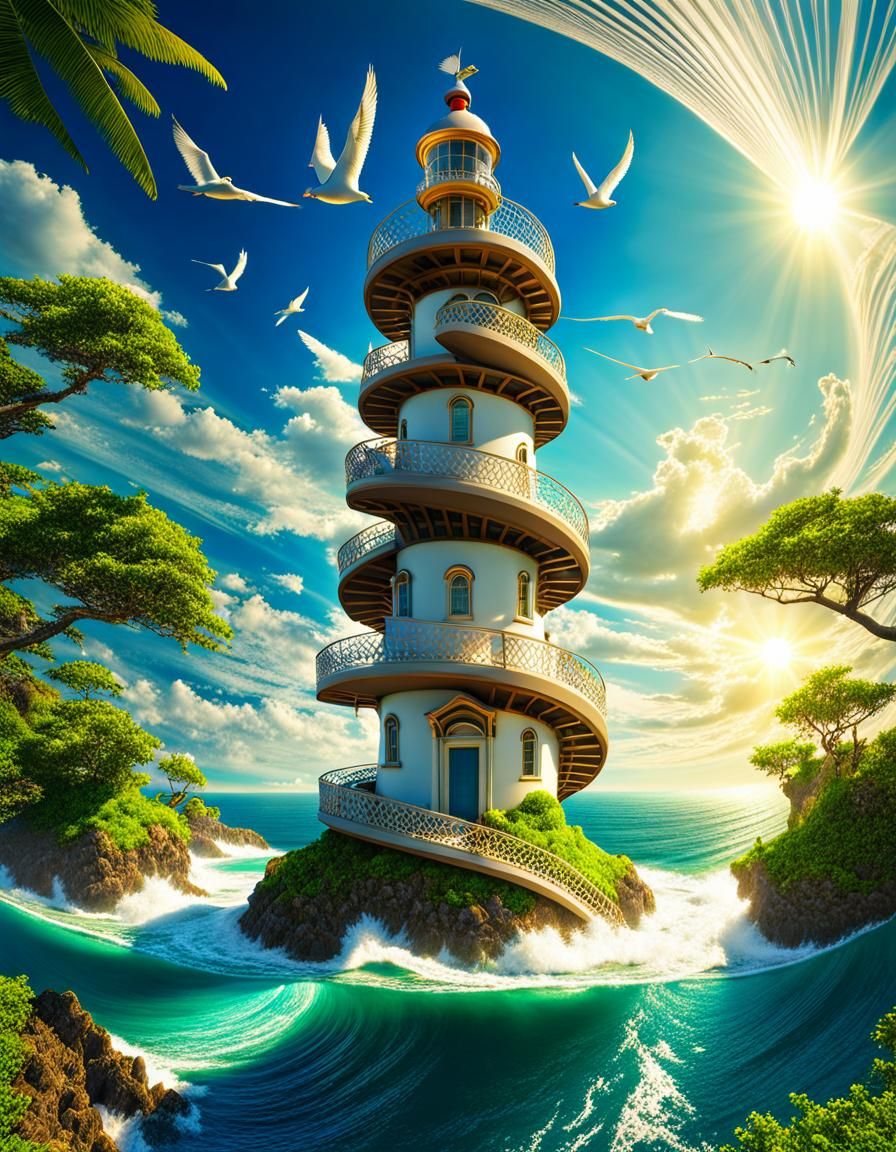 Surreal Spiral Lighthouse on Lush Island