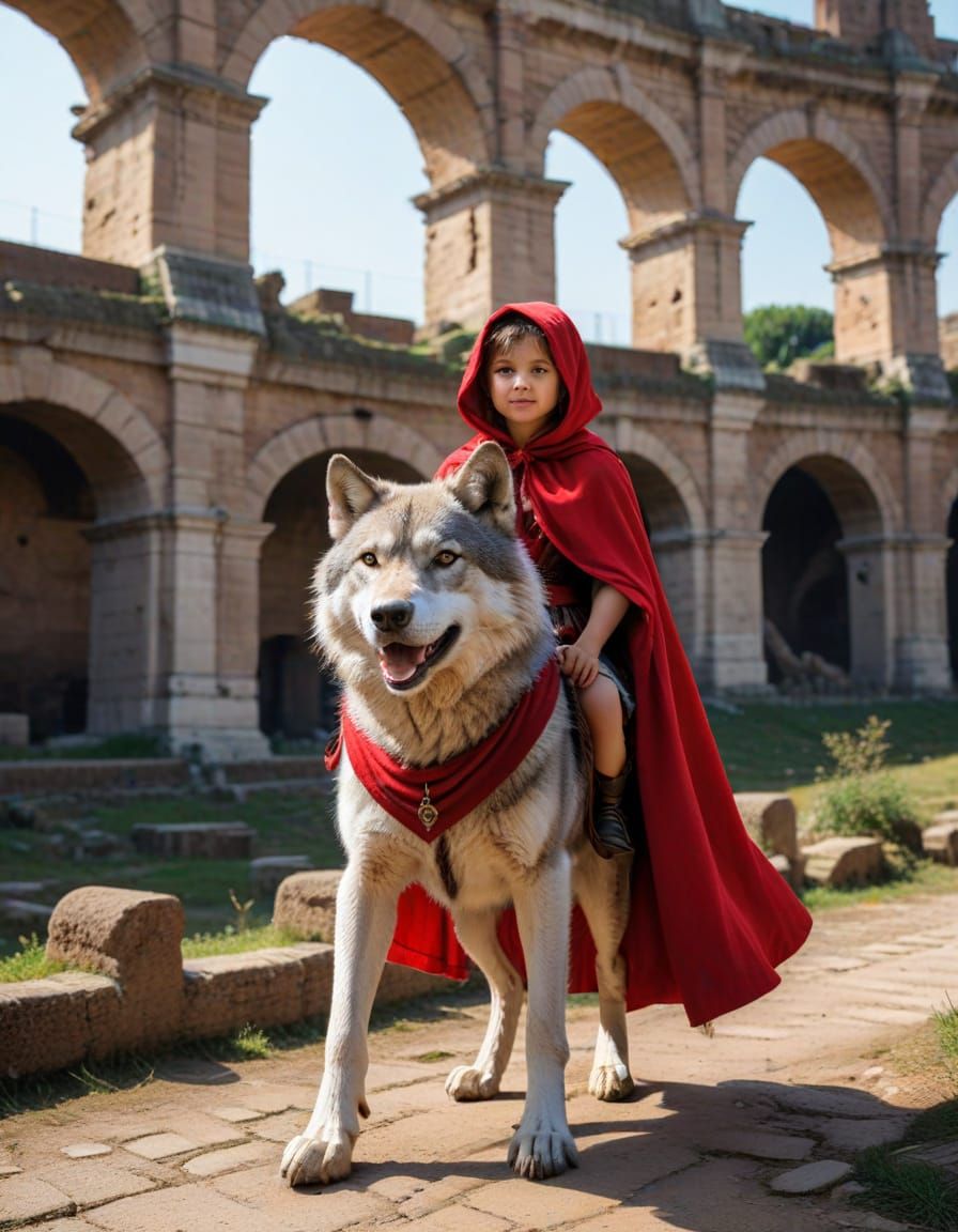 Little Red Riding Hood riding on her wolf in Ancient Rome Co...