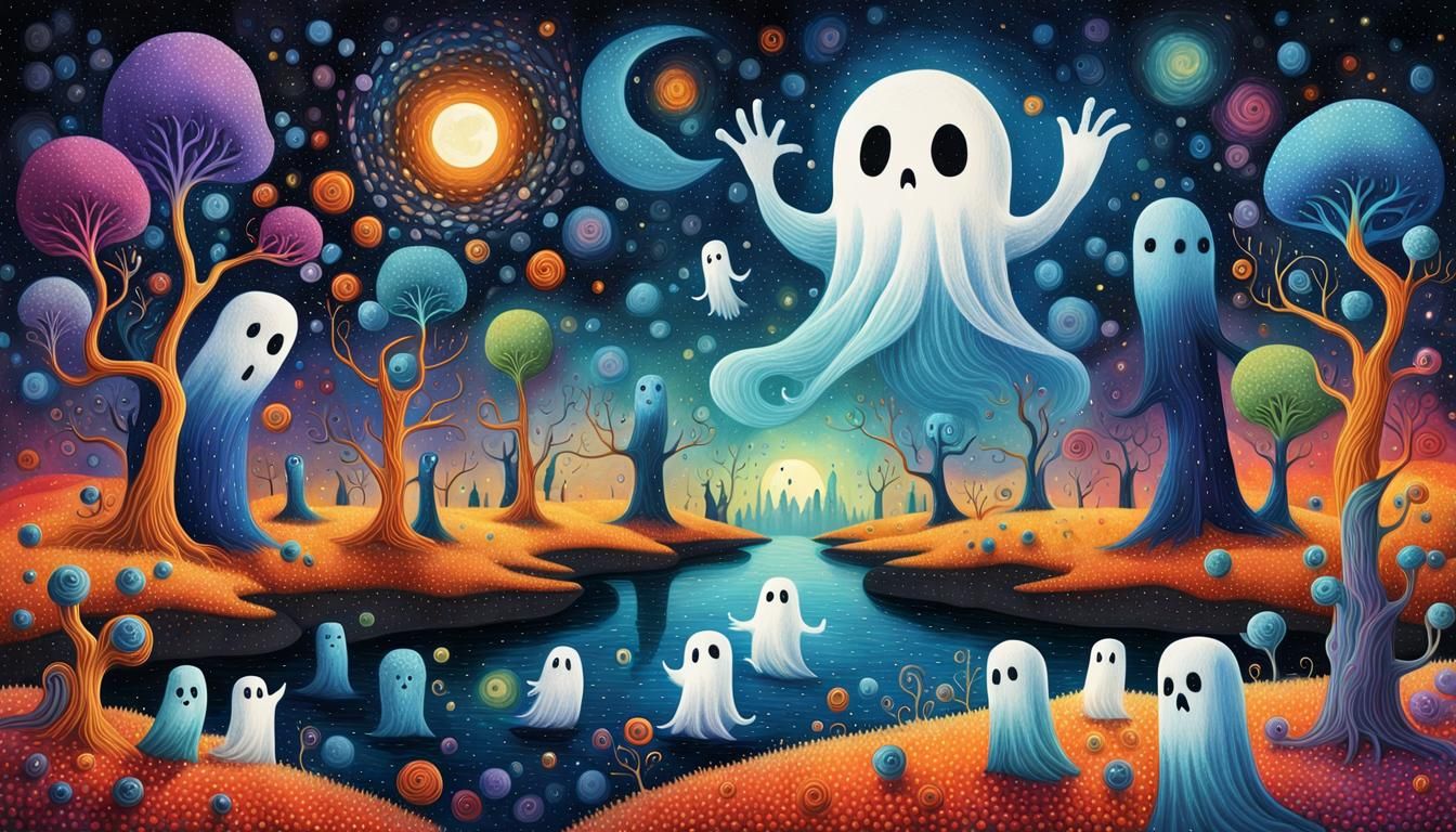 Surreal Ghosts in Spooky Environment: Pointillism Illustrati...