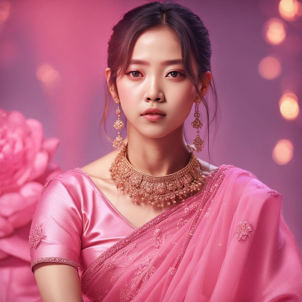Roseanne Park in Pink Saree: Photorealistic Portrait