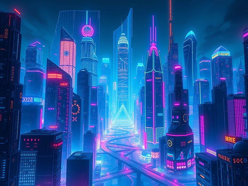 Holographic Cityscape in Cyberpunk Style