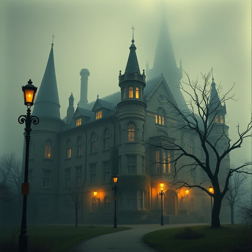 Majestic Gothic Mansion Lost in Foggy Twilight