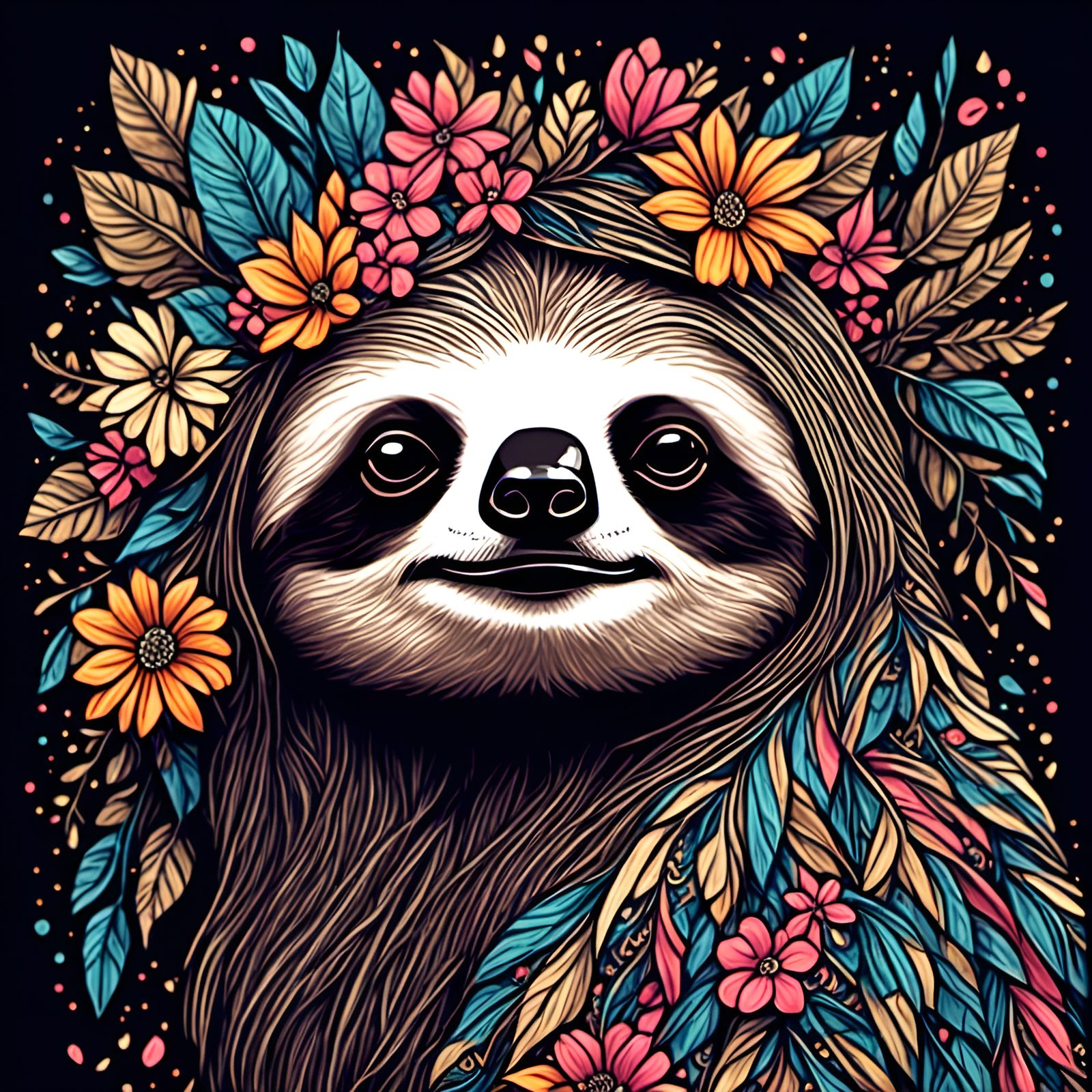 Sloth with Floral Crown Mandala Line Art