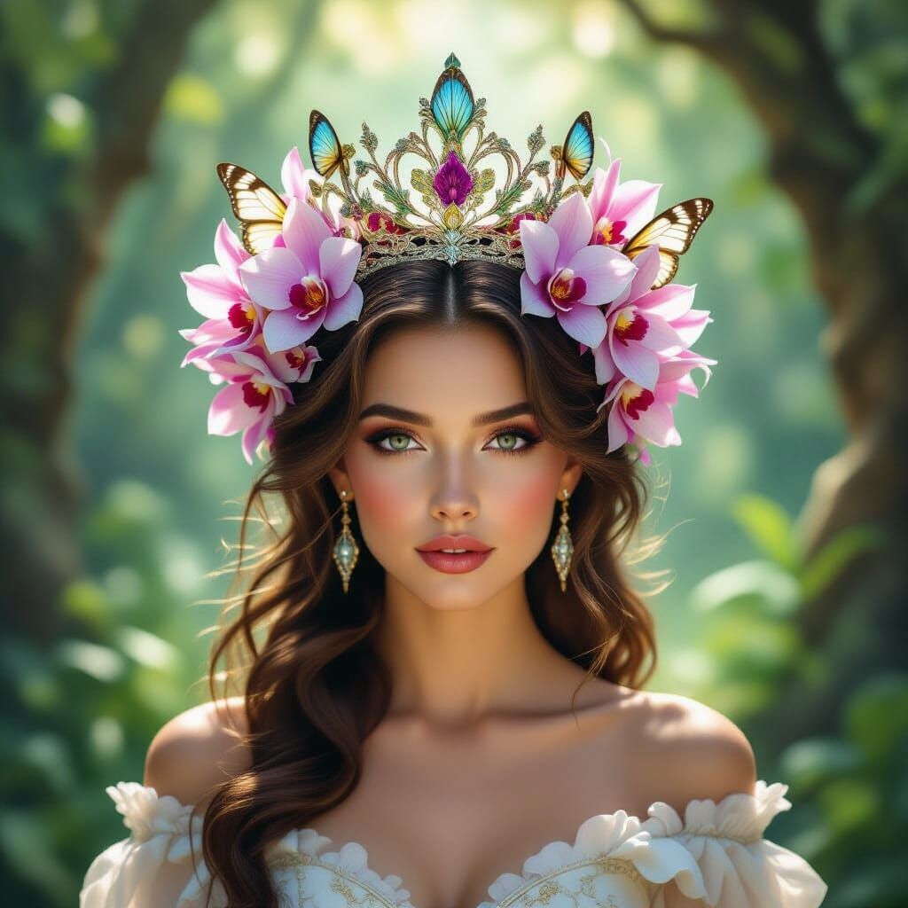 Regal Queen with Orchid and Butterfly Crown in Enchanted For...