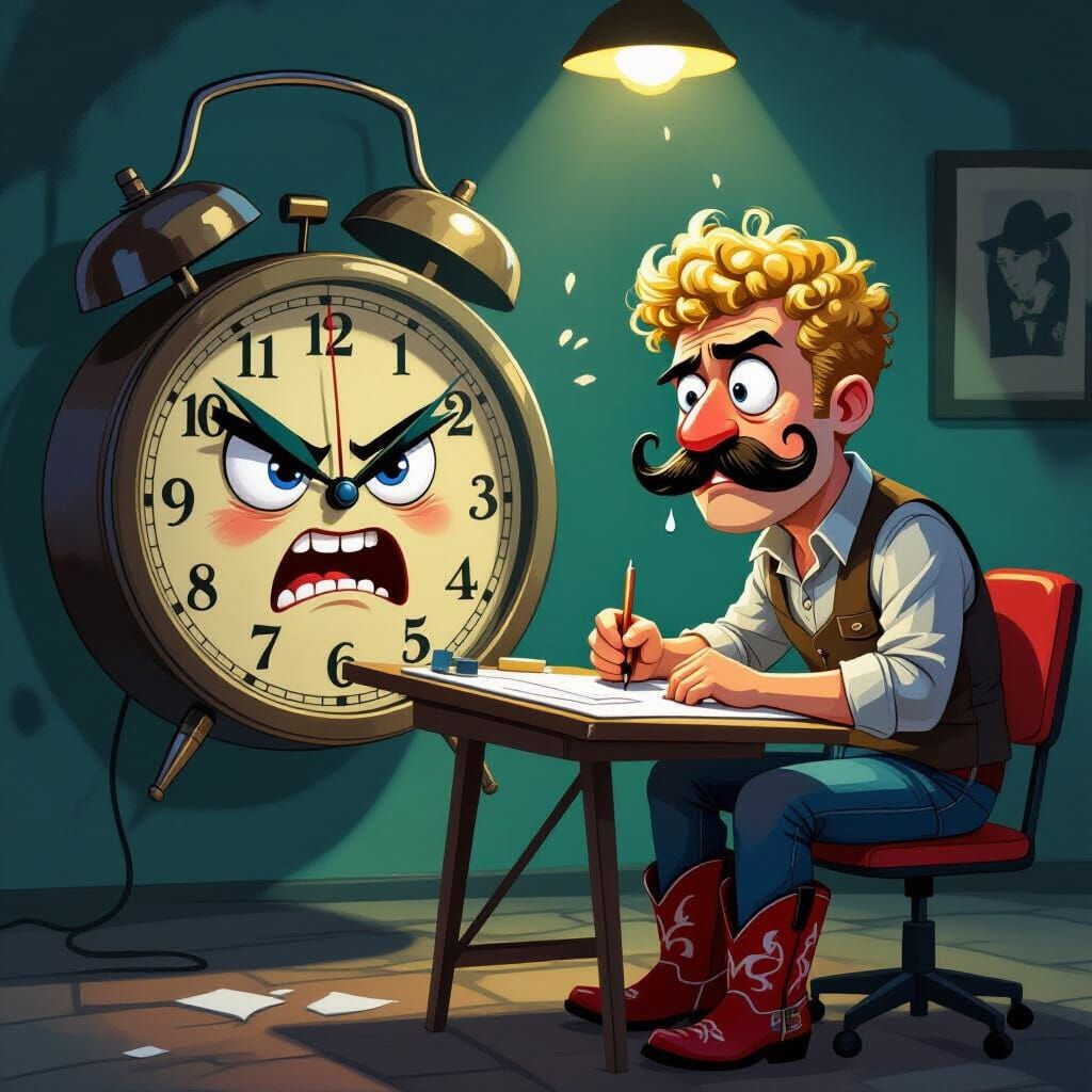 Angry Clock Glaring at Artist in Sinister Room