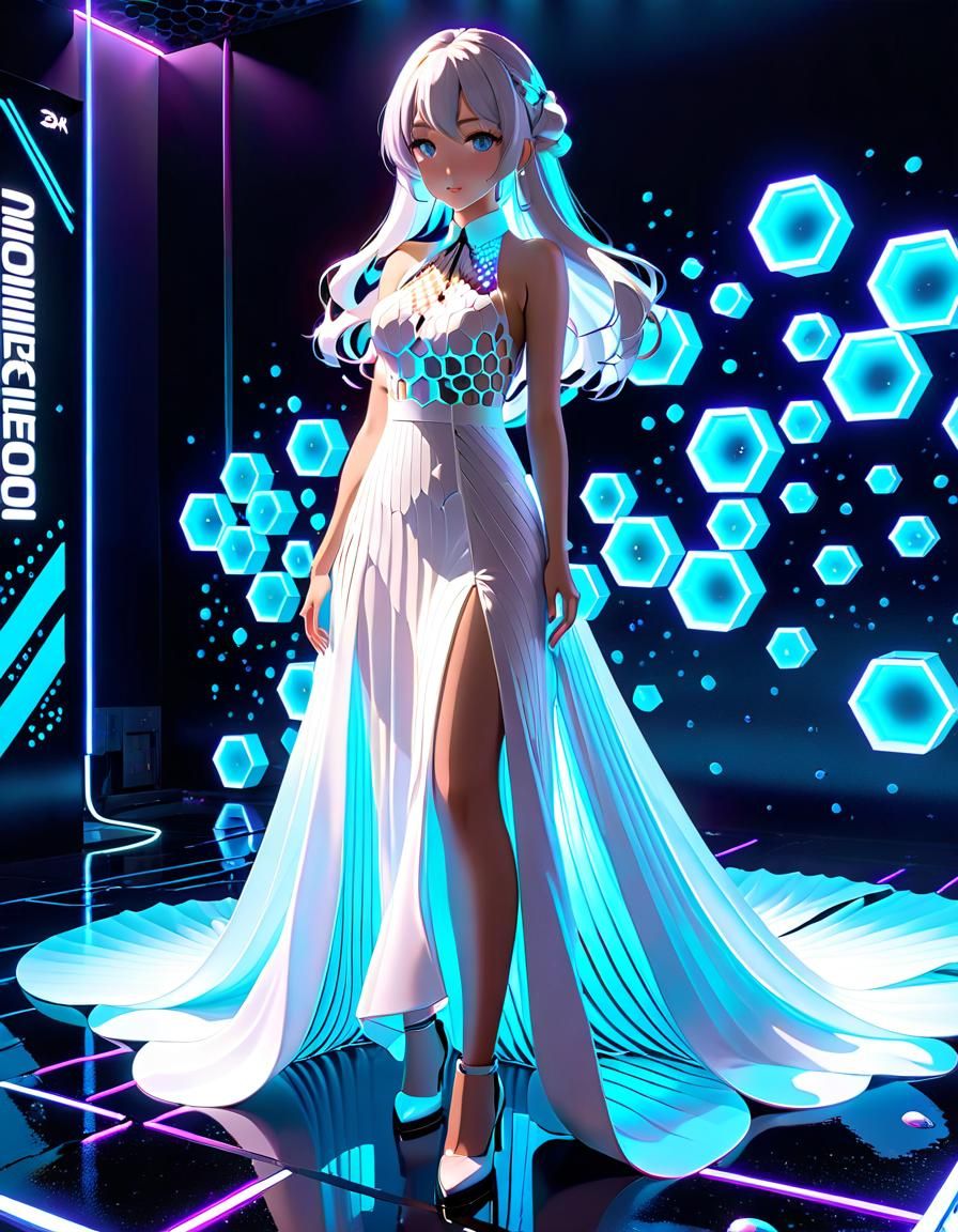 Neon Anime Girl in Flowing Honeycomb Dress
