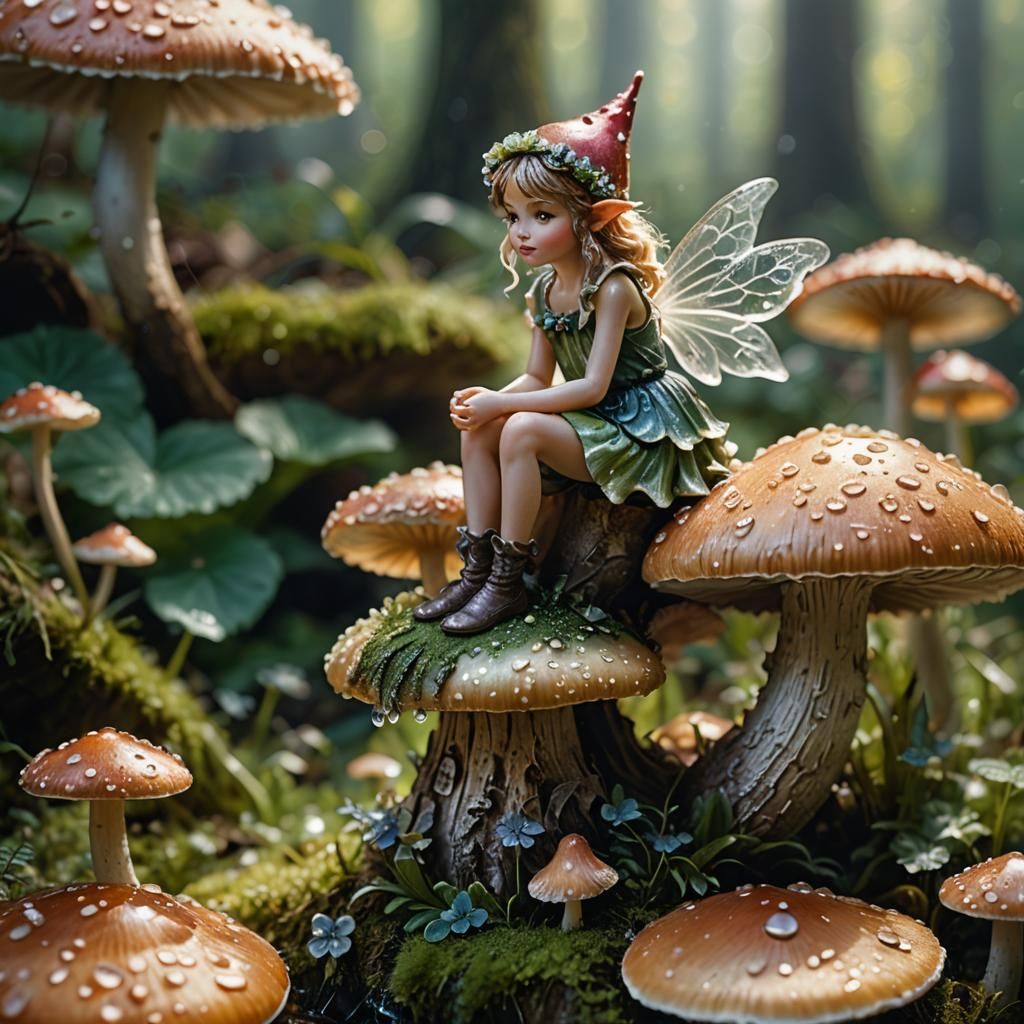 Enchanted Fairy on Mushroom in Macro Photography