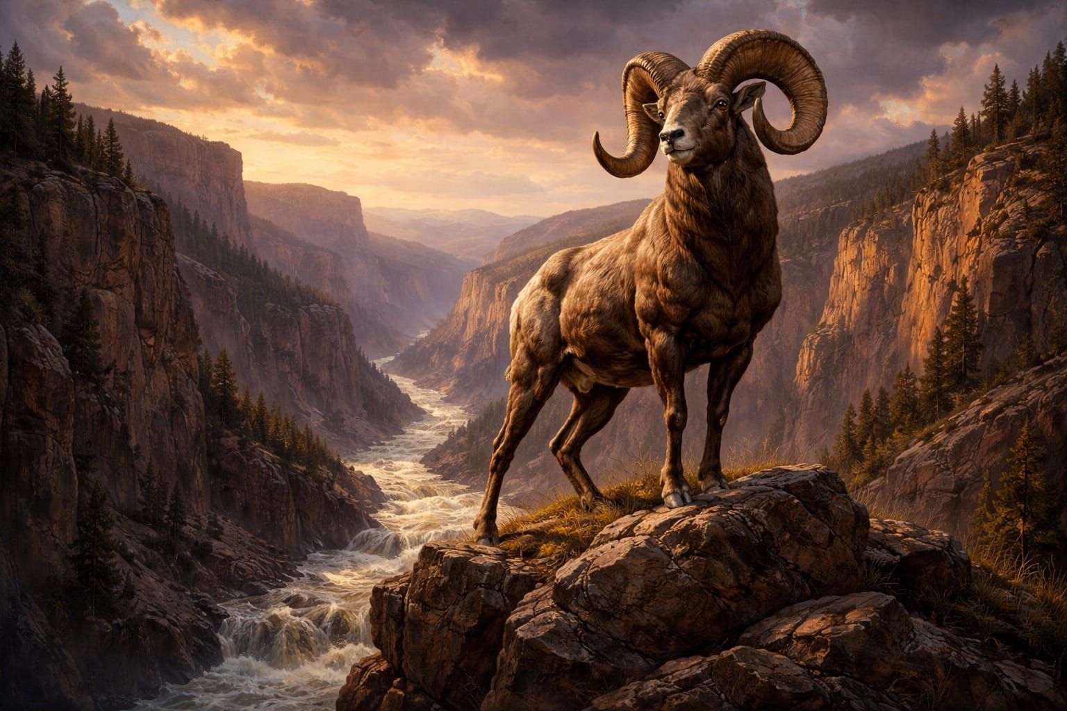 Majestic Full Curl Ram Overlooking Western River Canyon
