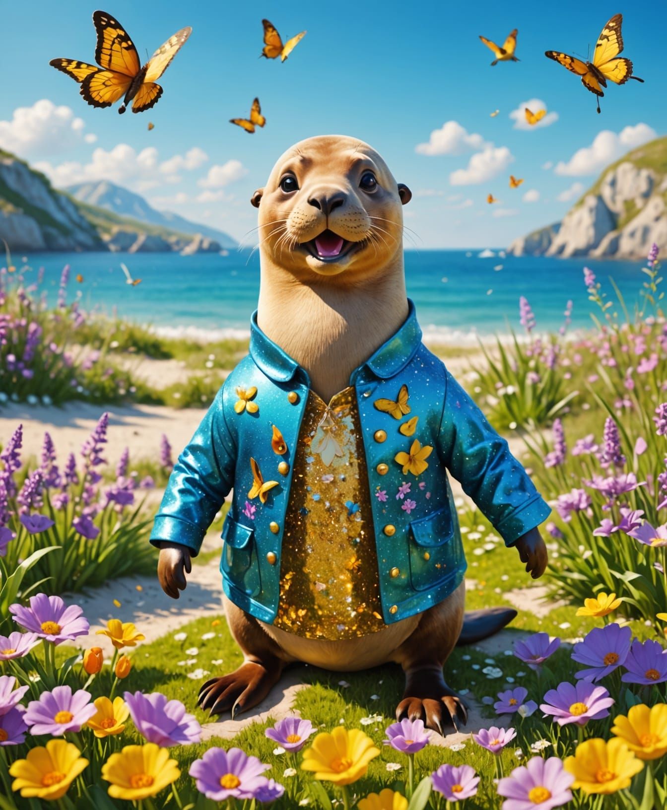 Colorful 3D Sea Lion Beach Holiday with Duck